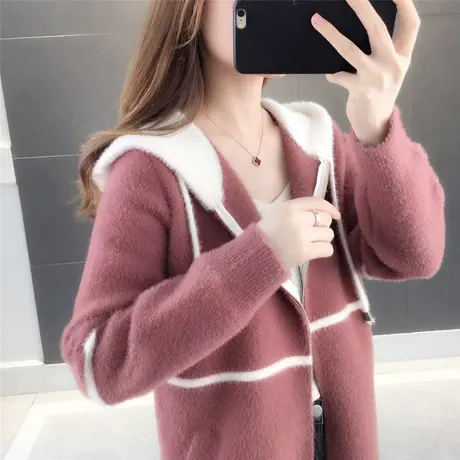 加厚仿水貂绒连帽外套毛衣女新款宽松洋气针织开衫秋冬装短款商品大图