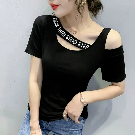 性感露肩T恤女短袖夏装小心机镂空上衣洋气修身漏肩体恤半袖ins潮商品大图