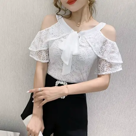 露肩荷叶边蕾丝上衣女短袖欧货性感气质打底衫夏季洋气雷丝t恤ins商品大图