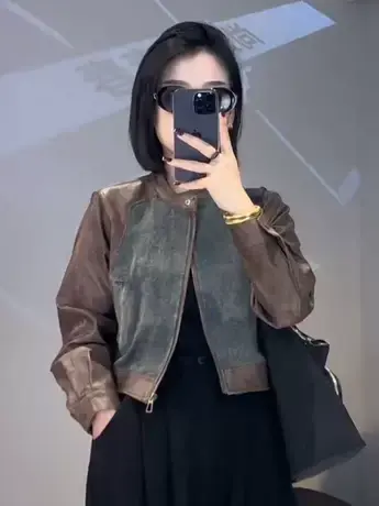 复古撞色百搭皮衣牛仔拼接外套2023秋季新款宽松显瘦夹克上衣潮款图片