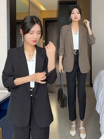 小西装外套女夏季薄款休闲2023新款短款小个子褶皱七分袖中袖西服商品大图