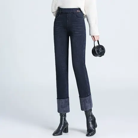 松紧高腰九分直筒牛仔裤女秋冬2023新款设计感显瘦加绒卷边烟管裤图片