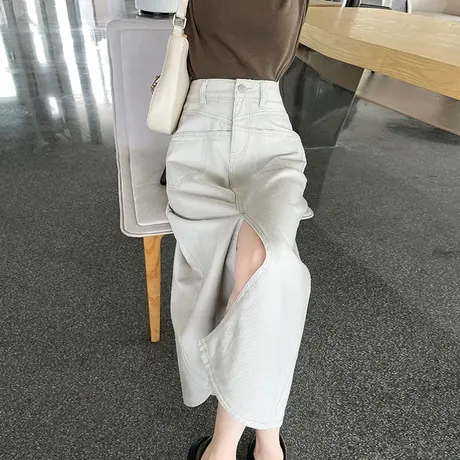 灰白色开叉高腰牛仔半身裙女春秋新款显瘦遮胯中长爆款a字包臀裙图片