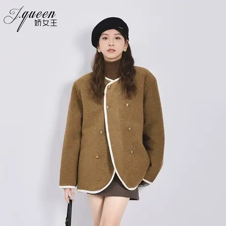 小香风毛呢外套女秋冬季新款气质时尚复古韩系宽松拼色双排扣上衣商品大图