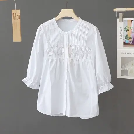 喇叭袖纯棉白色衬衫女夏季2024新款中袖上衣韩版宽松设计感衬衣潮图片