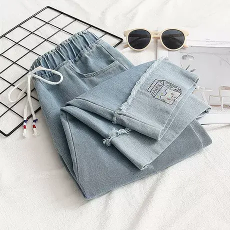 2021夏季新款牛仔阔腿裤少女七分裤宽松学生百搭直筒刺绣休闲中裤图片