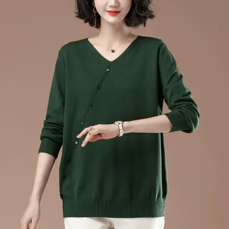 秋冬新款毛衣女加肥加大码女装宽松中老年妈妈休闲v领针织打底衫商品大图