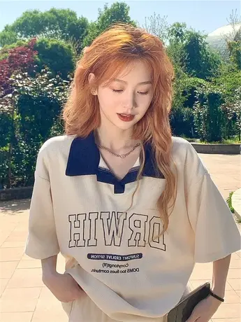 美式复古polo衫t恤女大码oversize学院风短袖ins潮纯棉宽松上衣夏图片