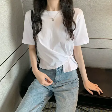 夏季小众设计感辣妹体恤上衣服韩系正肩不规则短款短袖t恤女ins潮商品大图