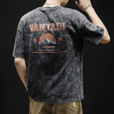 美式复古短袖t恤男夏季宽松胖子大码ins潮牌男士半袖体恤2024新款商品大图