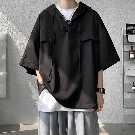 连帽短袖t恤男夏季美式复古宽松大码休闲体恤设计感小众半袖上衣商品大图