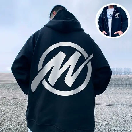 oversize春秋宽松开衫大码潮牌连帽加绒加厚潮流卫衣男潮拉链外套图片