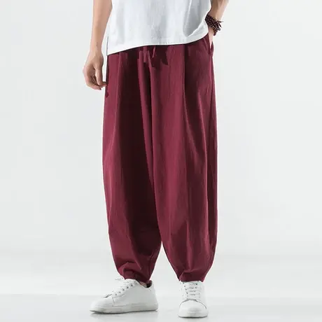 春秋季中国风男休闲裤宽松青年亚麻加肥加大码复古男装灯笼哈伦裤商品大图