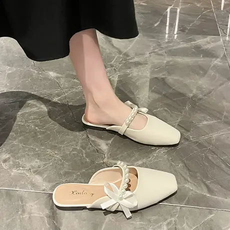 包头半拖鞋女夏外穿2024年新款懒人无后跟平底穆勒鞋蝴蝶结凉拖鞋商品大图