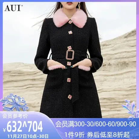 AUI黑色高端水貂毛领毛呢外套女冬2024新款中长款修身呢子大衣厚商品大图