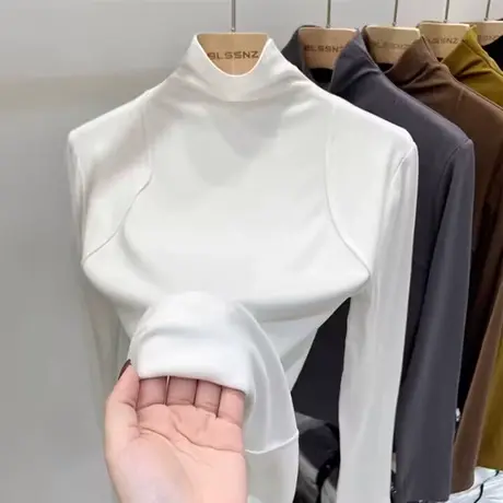 纯色简约高领长袖T恤女2023冬季新款修身显瘦磨毛德绒打底衫上衣商品大图