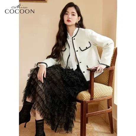 missCOCOON法式小香风毛呢外套女2022新款冬装双面呢绵羊毛短外套商品大图