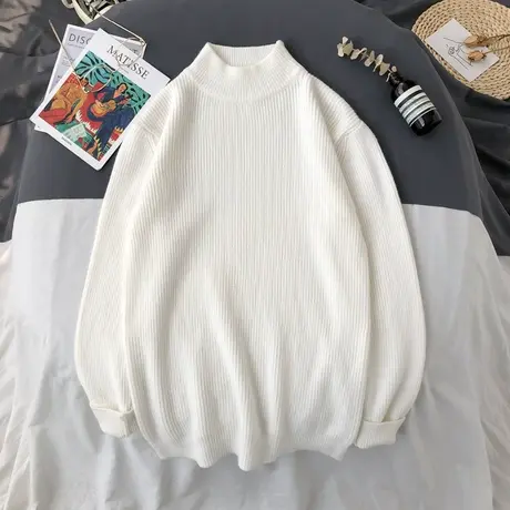 秋冬季半高领毛衣男宽松韩版潮流毛衫男士加厚白色打底中领针织衫商品大图