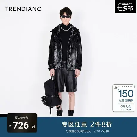 TRENDIANO秋冬男装潮牌新款时尚设计感拉链连帽风衣外套男商品大图