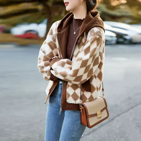 时尚气质棋盘格皮草外套商品大图