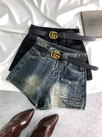 欧货磨白口袋牛仔短裤2024春季新款显瘦百搭高腰阔腿裤辣妹a字裤商品大图