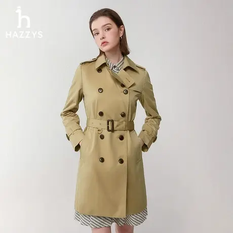 Hazzys哈吉斯春季经典款休闲气质英伦风中长款双排扣风衣外套女图片