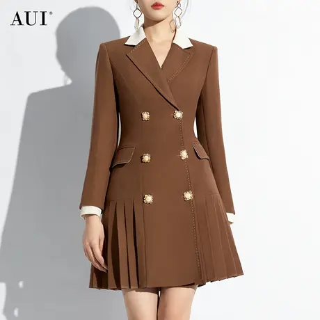 AUI卡其色高级感西装外套女2024早春新款美拉德中长款百褶西服裙图片
