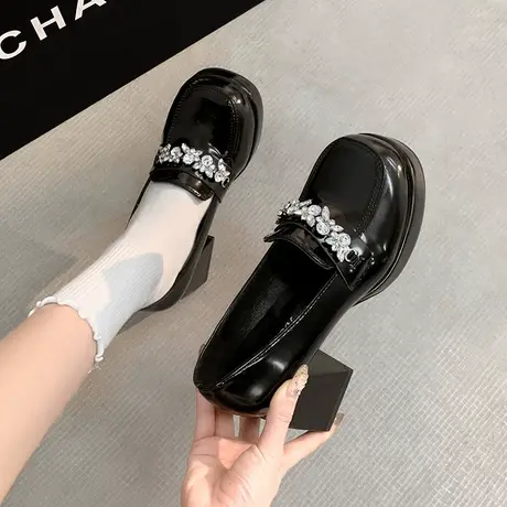 法式玛丽珍鞋女2024年春新款英伦风水钻浅口高跟鞋黑色粗跟小皮鞋商品大图