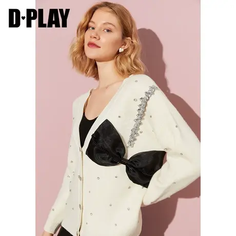 DPLAY【黑标】春新款白色全羊毛钉钻蝴蝶结宽松针织开衫商品大图