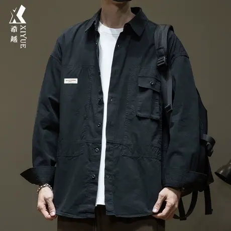 希越休闲纯棉衬衫男2024春季款宽松大码翻领衬衣潮牌男士夹克外套商品大图