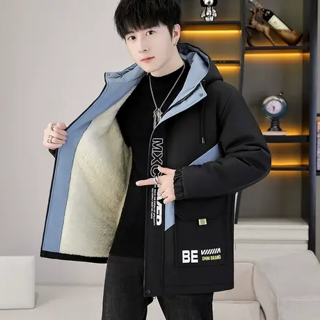 加绒加厚外套男士秋冬季休闲时尚棉袄连帽拼接冲锋衣抗寒保暖棉服商品大图