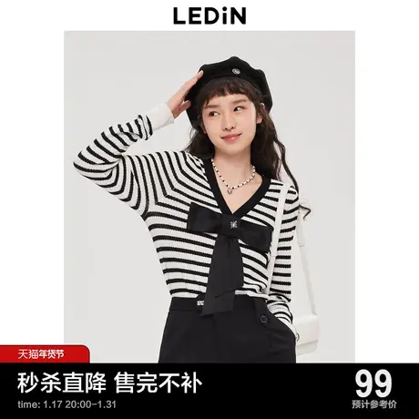 【不打烊清仓】乐町蝴蝶结针织套头毛衫黑白条纹针织衫C2EDC3201图片