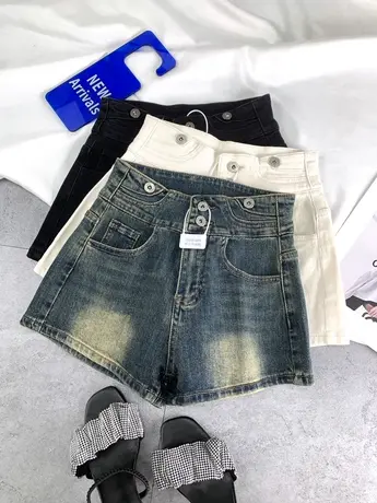 复古磨白美式牛仔短裤2024春新款显瘦百搭高腰弹力口袋a字阔腿裤商品大图