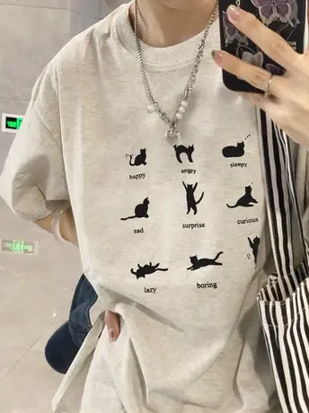 美式纯棉正肩短袖t恤女夏季宽松慵懒风设计感小众chic港味上衣服商品大图