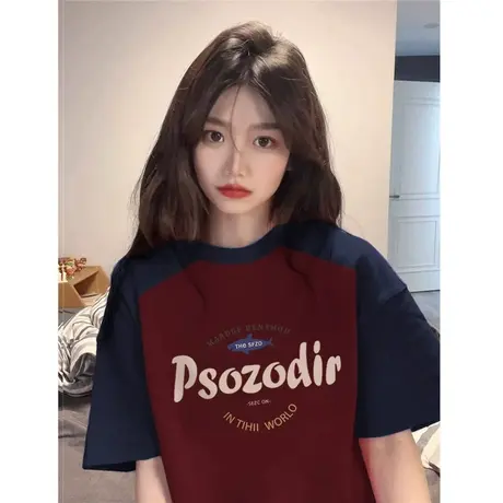 撞色插肩袖短袖t恤女夏季纯棉美式复古宽松港味chic半袖上衣国潮商品大图