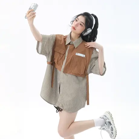 潮牌设计感假两件条纹衬衫女2024年春夏新款情侣短袖衬衣宽松上衣商品大图
