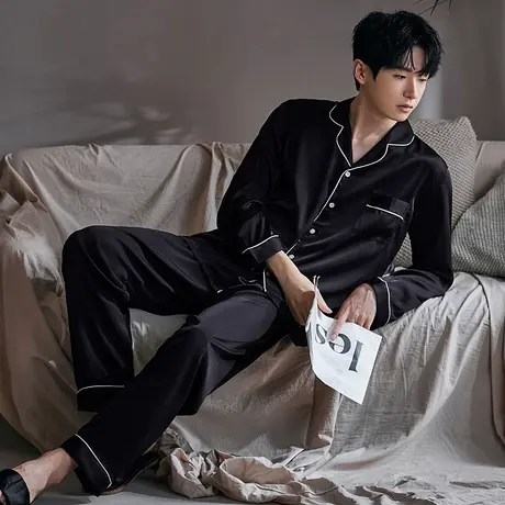 睡衣男2024新款春秋款冰丝长袖长裤黑色家居服春夏季薄款男士套装商品大图