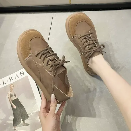 小皮鞋女平底软底2024春季新款女鞋百搭乐福鞋勃肯鞋系带圆头单鞋商品大图