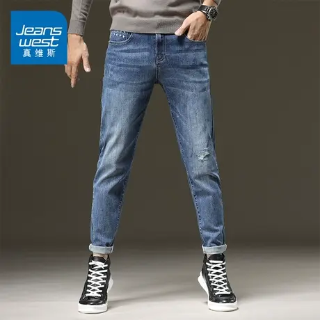 KZ真维斯春季破洞刮烂蓝色牛仔裤男士春秋款高端修身小脚潮男裤子商品大图