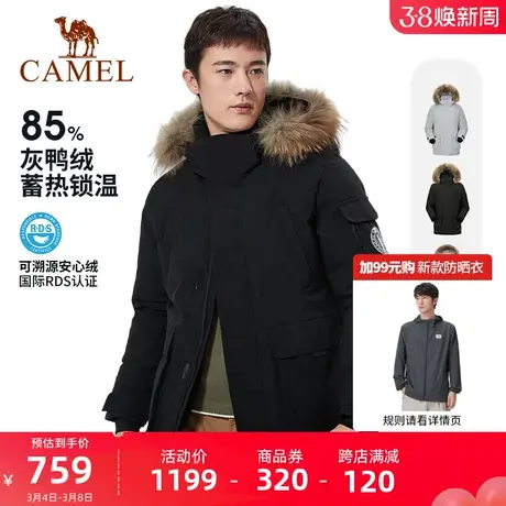 CAMEL骆驼户外羽绒服男毛领黑色冬季新款时尚中长款加厚鸭绒外套商品大图