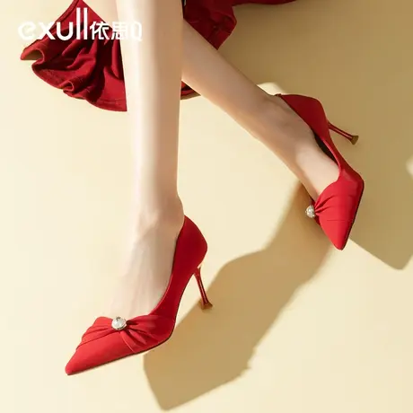 依思q红色高跟鞋细跟女鞋2024新款婚鞋新娘鞋尖头宴会配裙子单鞋图片