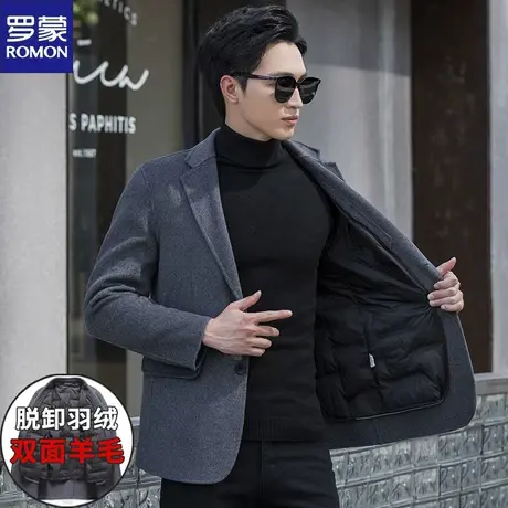 罗蒙秋冬男士短款羊毛呢子大衣青年无羊绒双面呢羽绒内胆加厚外套图片
