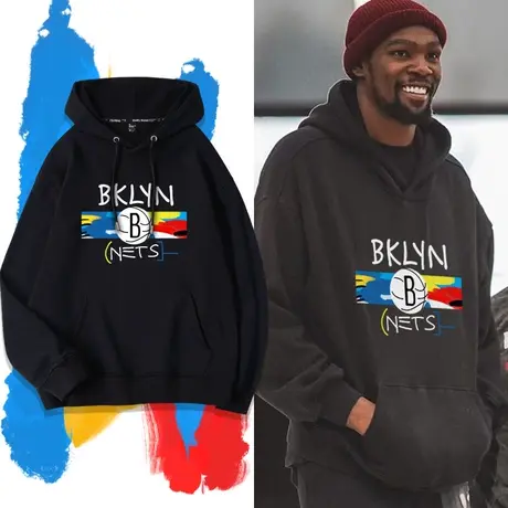 篮网杜兰特球星同款联名卫衣男连帽春秋薄款运动加绒宽松美式球衣图片