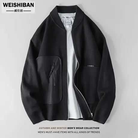 美式休闲棒球领针织衫外套男2023新款小众设计感ins夹克拉链毛衣商品大图