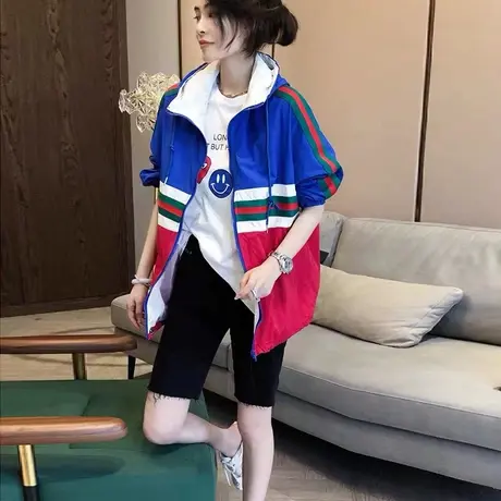 欧货2022年新款夏季拼色外穿连帽外套女薄款休闲运动防晒衣开衫潮图片