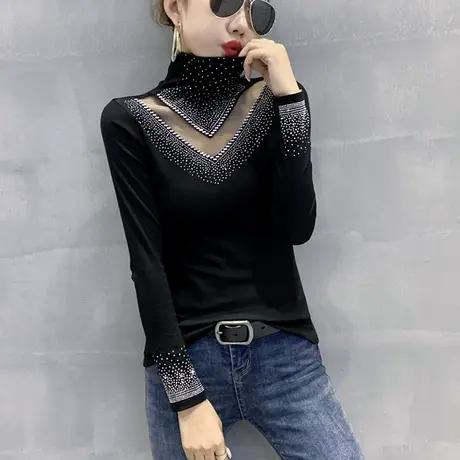 加绒打底衫女秋冬时尚烫钻T恤女长袖性感镂空上衣洋气百搭小衫潮商品大图