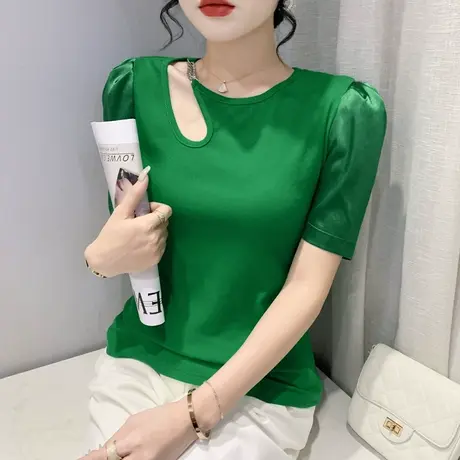 时尚链条泡泡袖T恤女短袖2023夏季新款性感镂空小衫修身纯色上衣商品大图