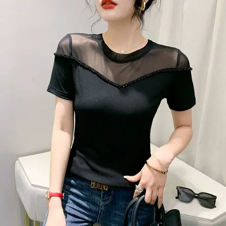 性感网纱拼接T恤女短袖2023夏季新款时尚钉珠小衫百搭修身上衣ins图片