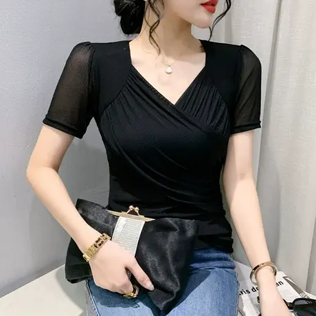 欧货性感黑色网纱T恤女短袖夏装2023新款气质V领小衫修身百搭上衣商品大图