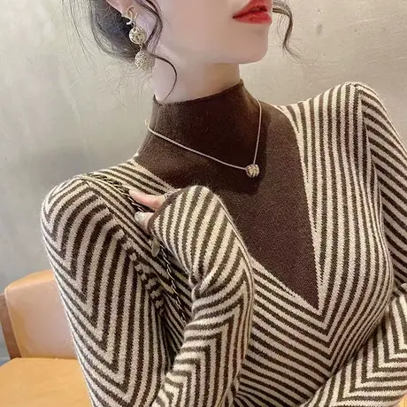 冬季一体绒条纹加厚加绒毛衣女秋冬2023新款爆款时髦针织打底衫女商品大图